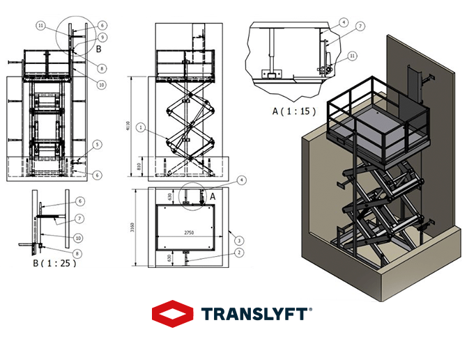 goederenlift tekening van translyft